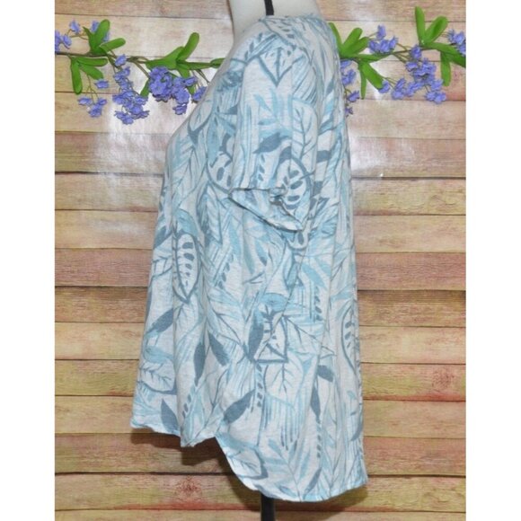 Tahari Womens Blue Linen V-Neck Short Sleeve Shirt Top Plus Size 1X Leaf Pattern - Picture 4 of 8